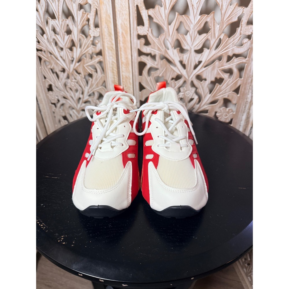 DENIMASR Mens Low Top Athletic Sneakers Red White Colorblock Mesh Gold Accent - Picture 2 of 11